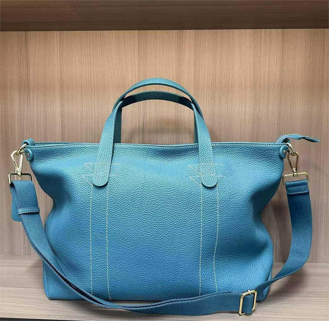 Large Capacity Genuine Leather Tote Bag Turquoise Color