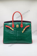 Load image into Gallery viewer, London 35 Birkin Style HCP Saltwater Croc Leather Glossy Green Mix Color Gold Hardware
