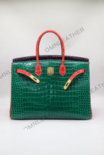 Load image into Gallery viewer, London 35 Birkin Style HCP Saltwater Croc Leather Glossy Green Mix Color Gold Hardware
