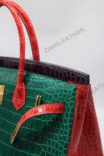 Load image into Gallery viewer, London 35 Birkin Style HCP Saltwater Croc Leather Glossy Green Mix Color Gold Hardware
