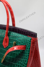 Load image into Gallery viewer, London 35 Birkin Style HCP Saltwater Croc Leather Glossy Green Mix Color Gold Hardware
