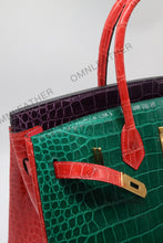 Load image into Gallery viewer, London 35 Birkin Style HCP Saltwater Croc Leather Glossy Green Mix Color Gold Hardware
