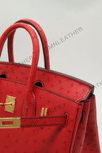 Load image into Gallery viewer, London 25 Small Birkin Style Ostrich Leather Bag Red Color Gold Hardware
