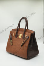 Load image into Gallery viewer, London 30 Birkin Style Saltwater Croc Leather Opaque Brown Ebony Mix Color Gold Hardware
