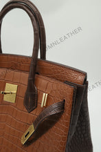 Load image into Gallery viewer, London 30 Birkin Style Saltwater Croc Leather Opaque Brown Ebony Mix Color Gold Hardware

