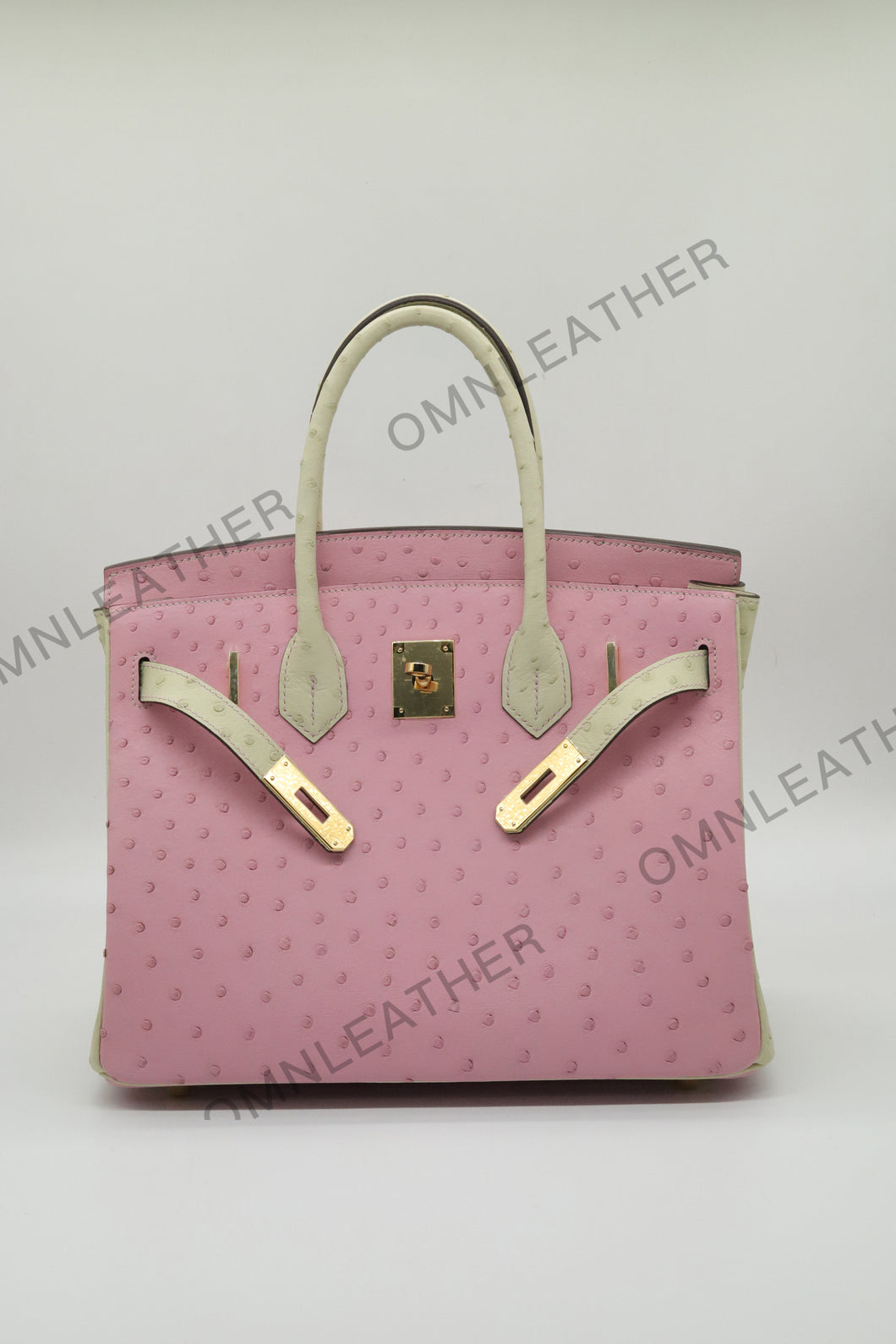 London 30 Birkin Style Ostrich Leather Pink Beige Mix Color Gold Hardware