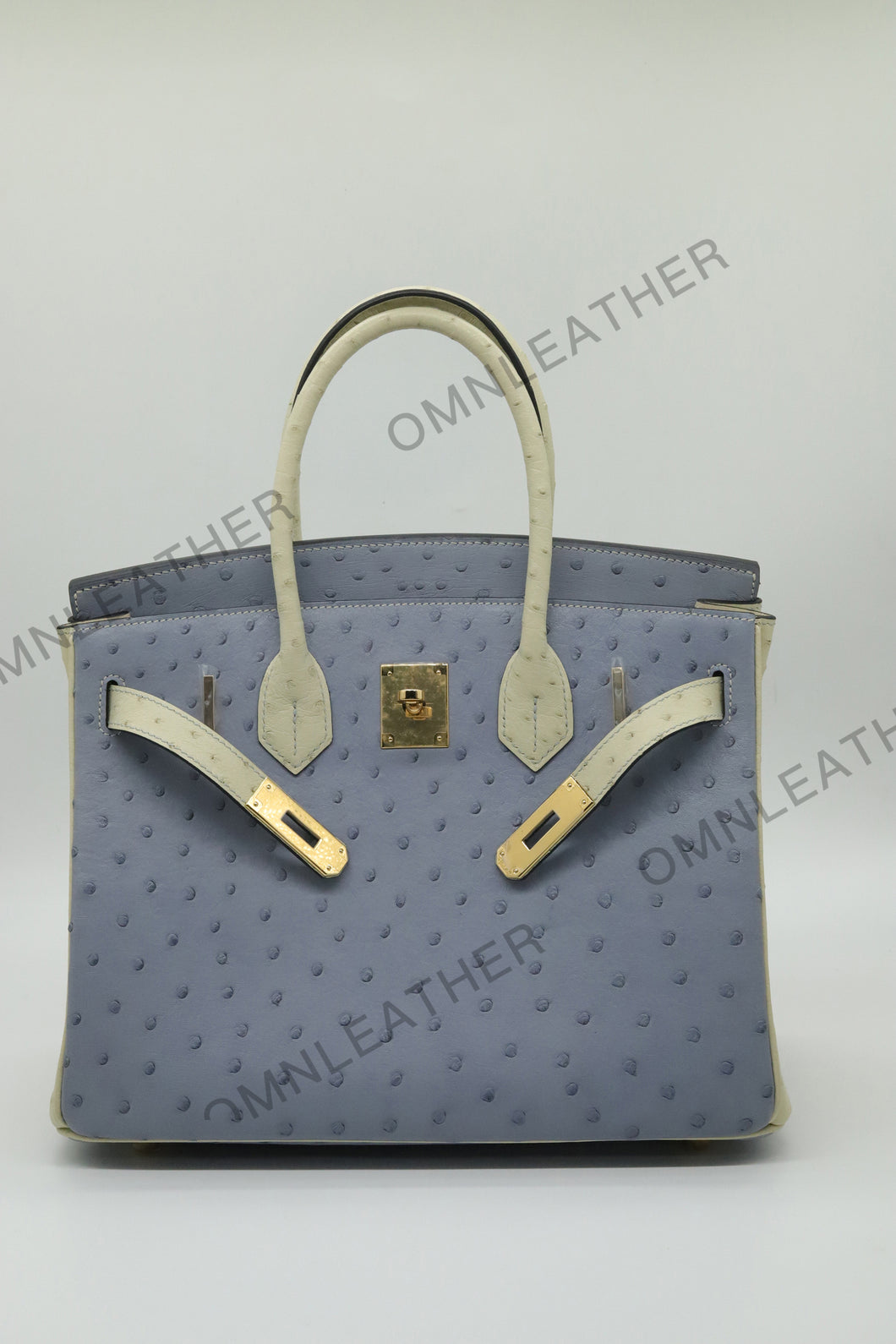 London 30 Birkin Style Ostrich Leather Light Blue Beige Mix Color Gold Hardware