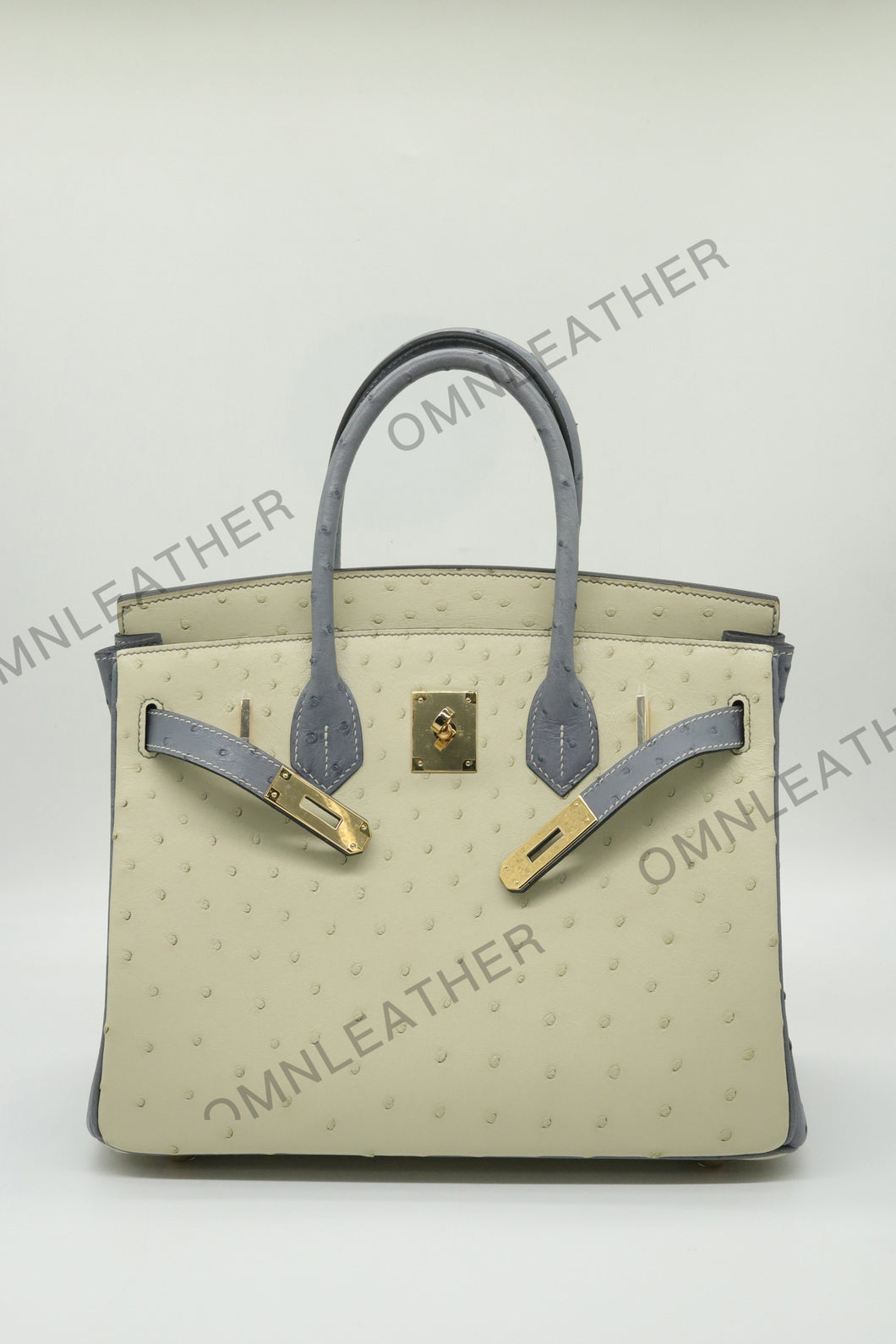 London 30 Birkin Style Ostrich Leather Beige Grey Mix Color Gold Hardware