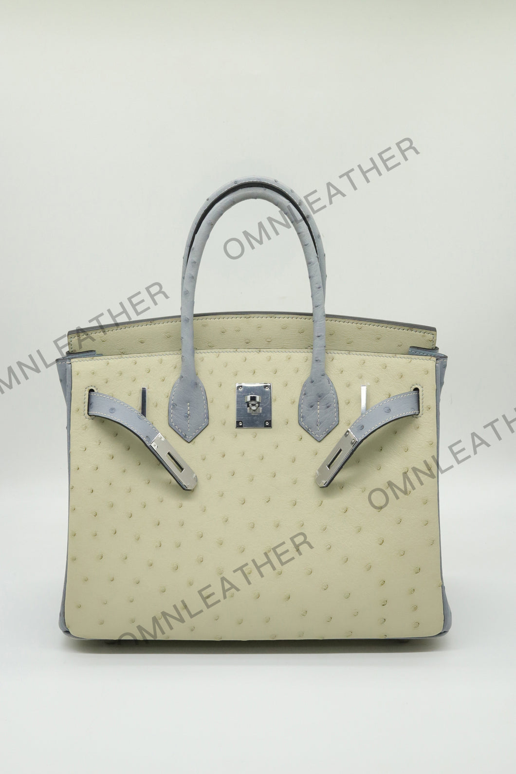 London 30 Birkin Style Ostrich Leather Beige Blue Mix Color Silver Hardware