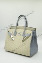 Load image into Gallery viewer, London 30 Birkin Style Ostrich Leather Beige Blue Mix Color Silver Hardware
