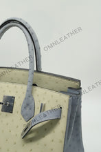 Load image into Gallery viewer, London 30 Birkin Style Ostrich Leather Beige Blue Mix Color Silver Hardware
