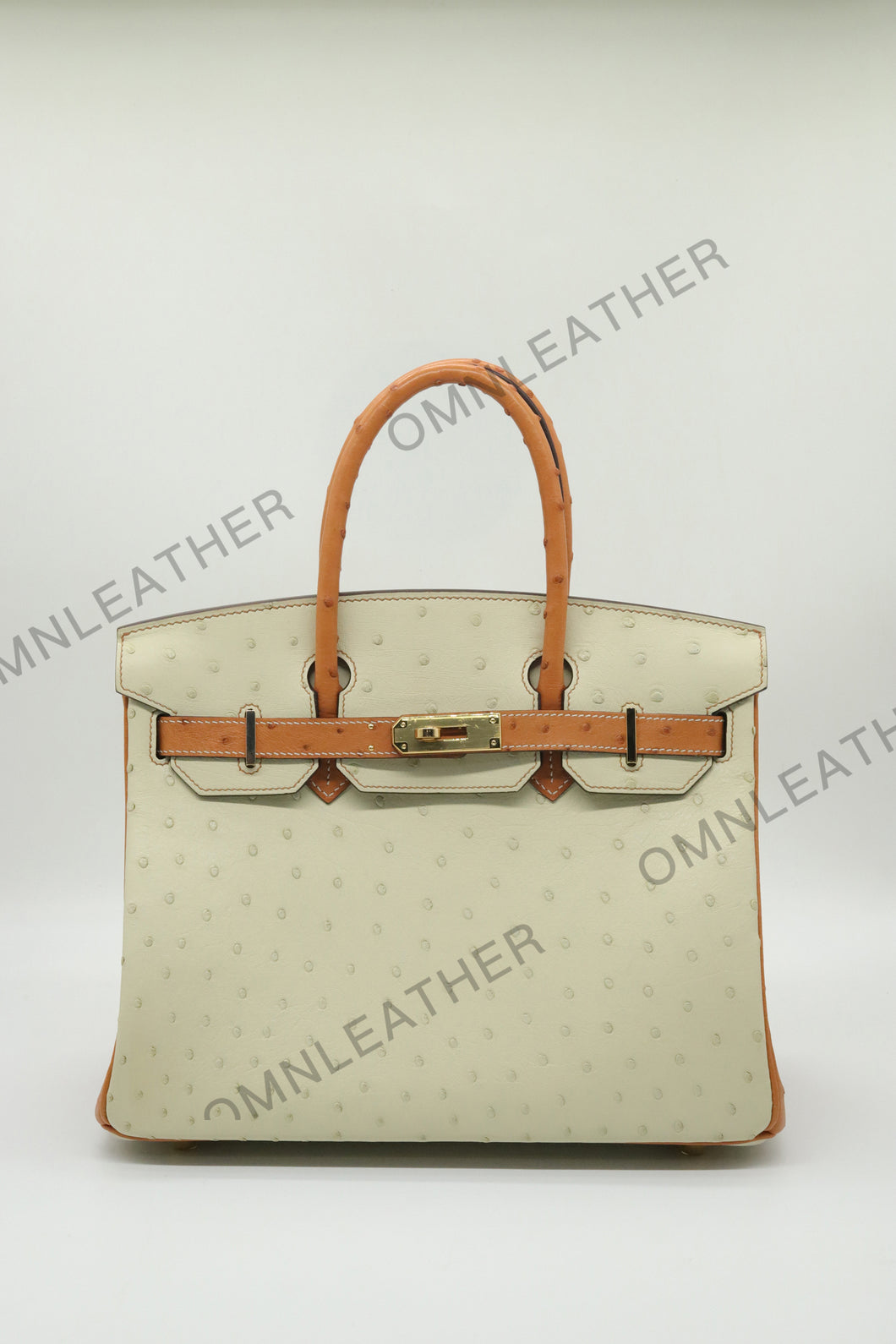 London 30 Birkin Style Ostrich Leather Beige Brown Mix Color Gold Hardware