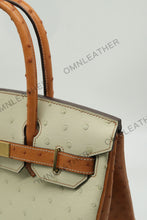 Load image into Gallery viewer, London 30 Birkin Style Ostrich Leather Beige Brown Mix Color Gold Hardware
