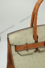 Load image into Gallery viewer, London 30 Birkin Style Ostrich Leather Beige Brown Mix Color Gold Hardware
