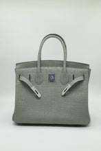 Load image into Gallery viewer, London 30 Birkin Style Saltwater Croc Leather Opaque Crystal Grey Color

