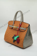 Load image into Gallery viewer, London 30 Birkin Style Ostrich Leather Brown Grey Mix Color Gold Hardware
