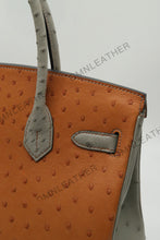 Load image into Gallery viewer, London 30 Birkin Style Ostrich Leather Brown Grey Mix Color Gold Hardware
