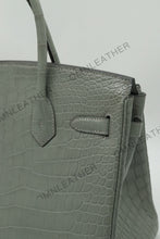 Load image into Gallery viewer, London 30 Birkin Style Saltwater Croc Leather Opaque Crystal Grey Color
