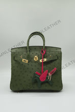 Load image into Gallery viewer, London 25 Small Birkin Style Ostrich Leather Bag Olive Green Color Gold Hardware
