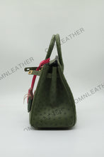 Load image into Gallery viewer, London 25 Small Birkin Style Ostrich Leather Bag Olive Green Color Gold Hardware
