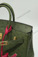 Load image into Gallery viewer, London 25 Small Birkin Style Ostrich Leather Bag Olive Green Color Gold Hardware
