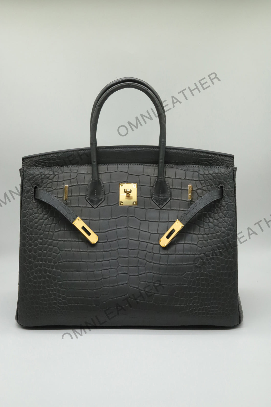 London 35 Birkin Style HCP Saltwater Croc Leather Opaque Graphite Grey Color Gold Hardware