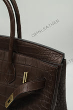 Load image into Gallery viewer, London 35 Birkin Style Saltwater Croc Leather Opaque Ebony Color Gold Hardware
