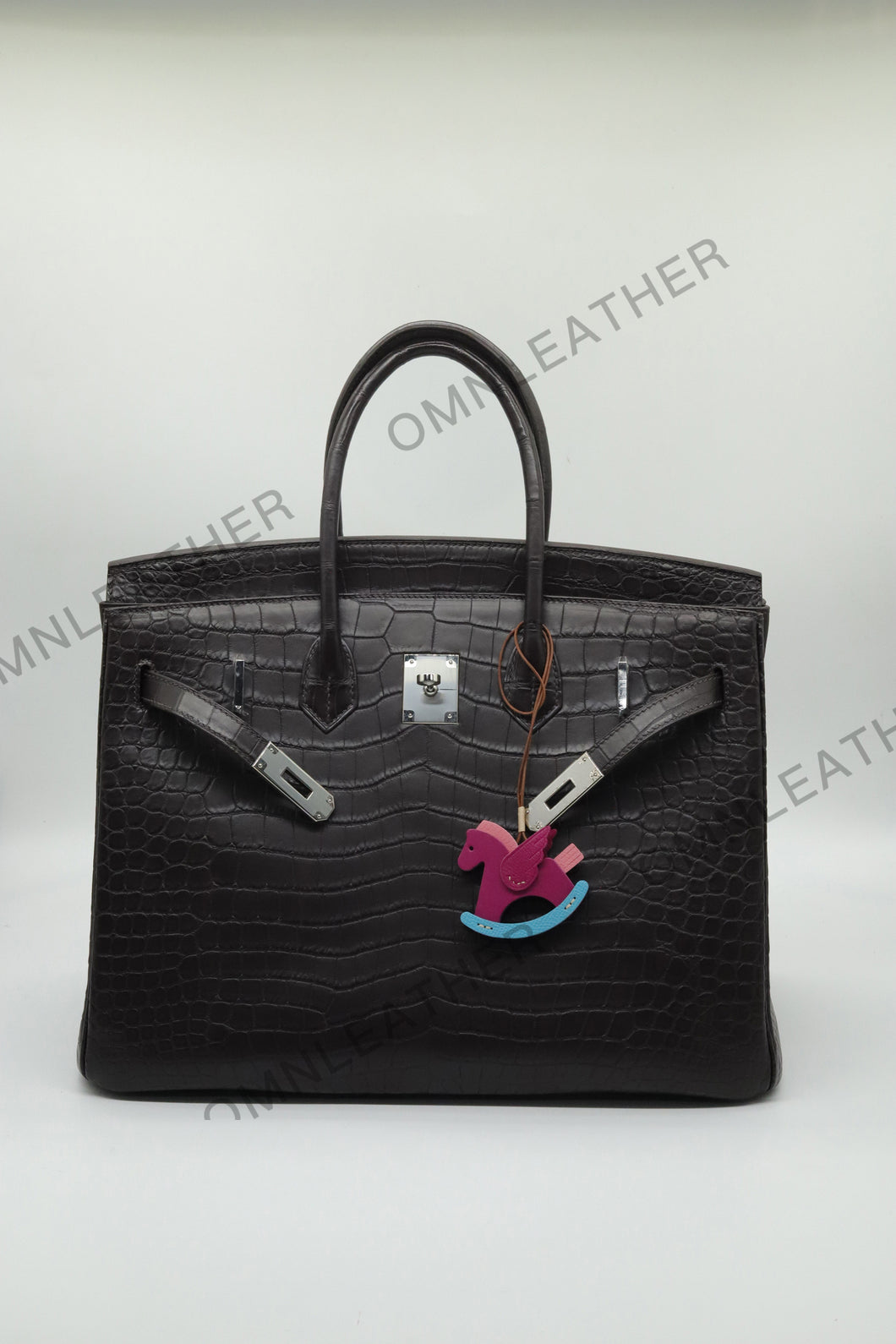 London 35 Birkin Style HCP Saltwater Croc Leather Opaque Ebony Color Silver Hardware