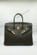 Load image into Gallery viewer, London 35 Birkin Style HCP Saltwater Croc Leather Opaque Olive Green Color Gold Hardware
