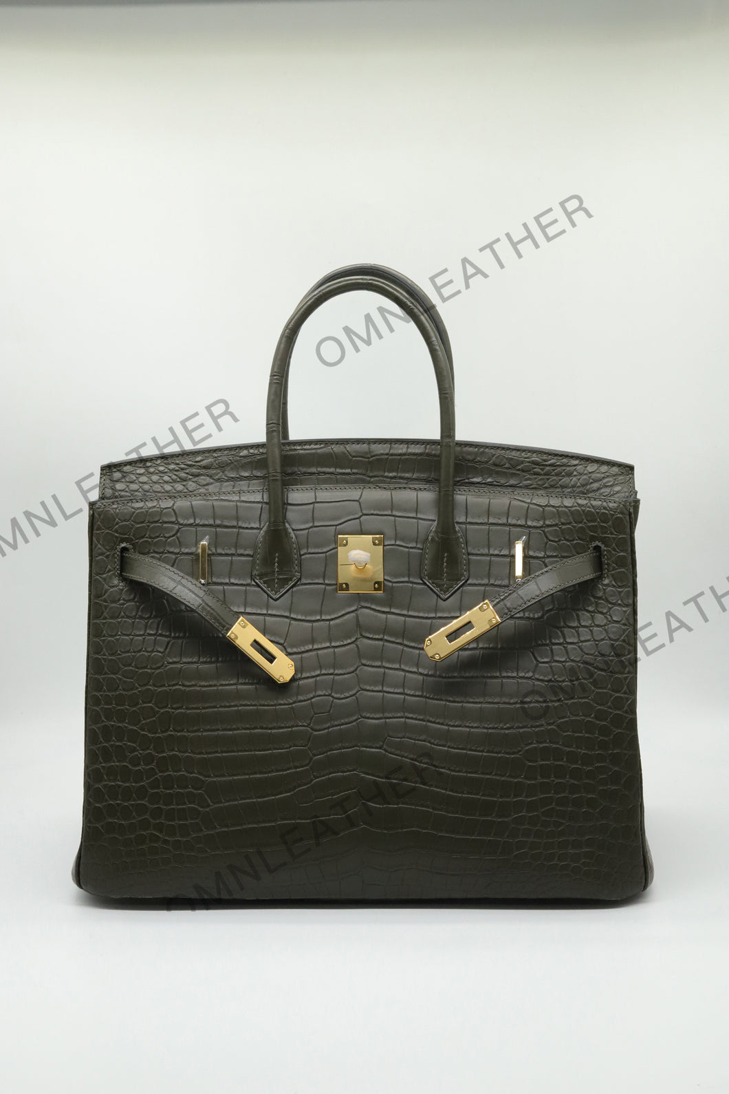 London 35 Birkin Style HCP Saltwater Croc Leather Opaque Olive Green Color Gold Hardware