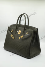 Load image into Gallery viewer, London 35 Birkin Style HCP Saltwater Croc Leather Opaque Olive Green Color Gold Hardware

