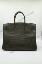 Load image into Gallery viewer, London 35 Birkin Style HCP Saltwater Croc Leather Opaque Olive Green Color Gold Hardware
