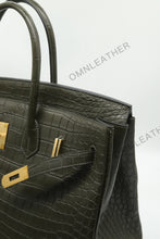 Load image into Gallery viewer, London 35 Birkin Style HCP Saltwater Croc Leather Opaque Olive Green Color Gold Hardware
