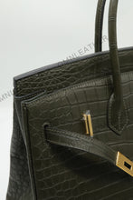 Load image into Gallery viewer, London 35 Birkin Style HCP Saltwater Croc Leather Opaque Olive Green Color Gold Hardware
