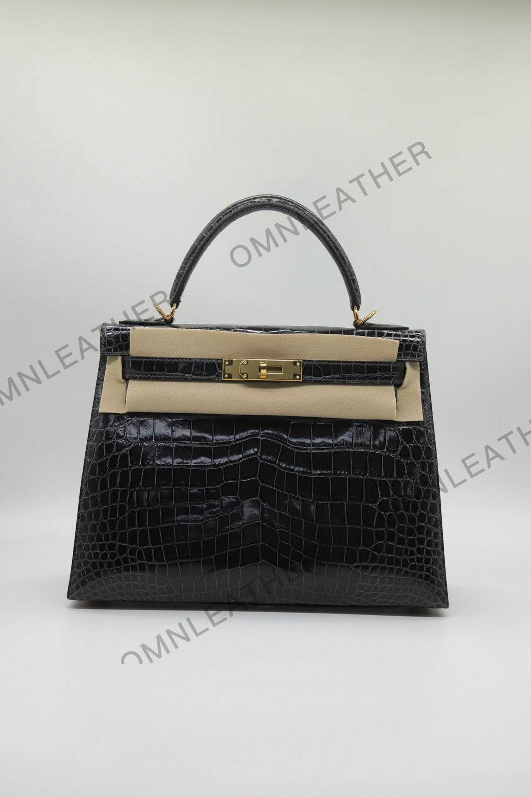 Verona 28 Kelly Style Glossy Saltwater Croc Leather Graphite Grey Color Gold Hardware