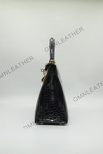 Load image into Gallery viewer, Verona 28 Kelly Style Glossy Saltwater Croc Leather Graphite Grey Color Gold Hardware

