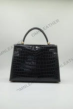 Load image into Gallery viewer, Verona 28 Kelly Style Glossy Saltwater Croc Leather Graphite Grey Color Gold Hardware

