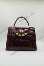 Load image into Gallery viewer, Verona 28 Kelly Style Glossy Saltwater Croc Leather Bordeaux Color Gold Hardware
