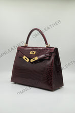 Load image into Gallery viewer, Verona 28 Kelly Style Glossy Saltwater Croc Leather Bordeaux Color Gold Hardware
