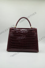 Load image into Gallery viewer, Verona 28 Kelly Style Glossy Saltwater Croc Leather Bordeaux Color Gold Hardware
