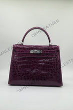 Load image into Gallery viewer, Verona 28 Kelly Style Glossy Saltwater Croc Leather Purple Color Silver Hardware
