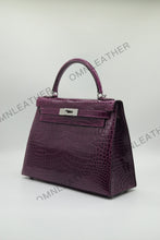 Load image into Gallery viewer, Verona 28 Kelly Style Glossy Saltwater Croc Leather Purple Color Silver Hardware
