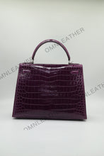 Load image into Gallery viewer, Verona 28 Kelly Style Glossy Saltwater Croc Leather Purple Color Silver Hardware
