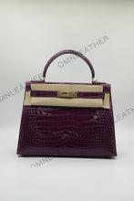 Load image into Gallery viewer, Verona 28 Kelly Style Glossy Saltwater Croc Leather Purple Color Gold Hardware
