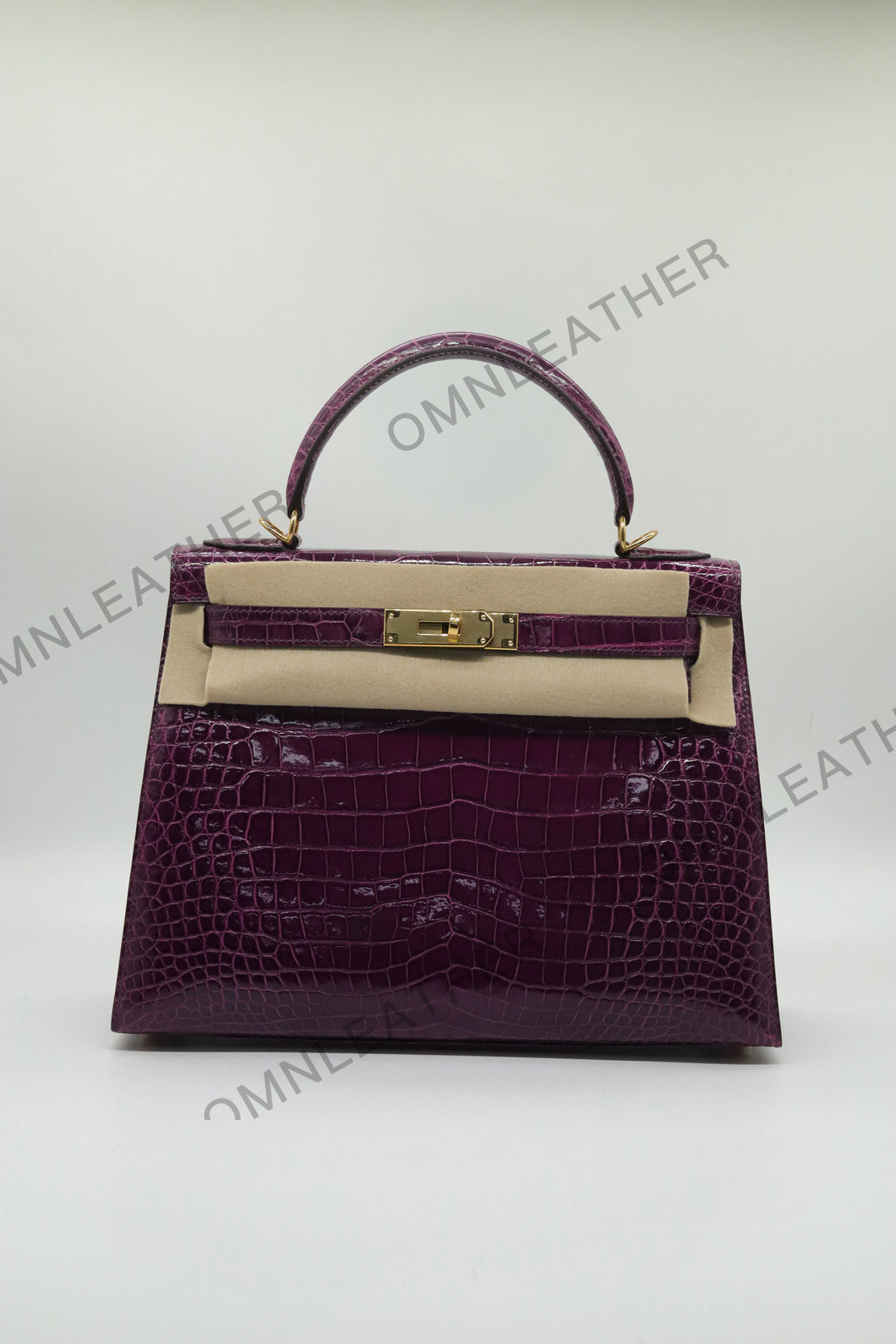 Verona 28 Kelly Style Glossy Saltwater Croc Leather Purple Color Gold Hardware