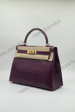 Load image into Gallery viewer, Verona 28 Kelly Style Glossy Saltwater Croc Leather Purple Color Gold Hardware
