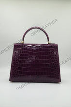 Load image into Gallery viewer, Verona 28 Kelly Style Glossy Saltwater Croc Leather Purple Color Gold Hardware
