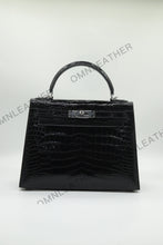 Load image into Gallery viewer, Verona 28 Kelly Style Glossy Saltwater Croc Leather Black Color Silver Hardware
