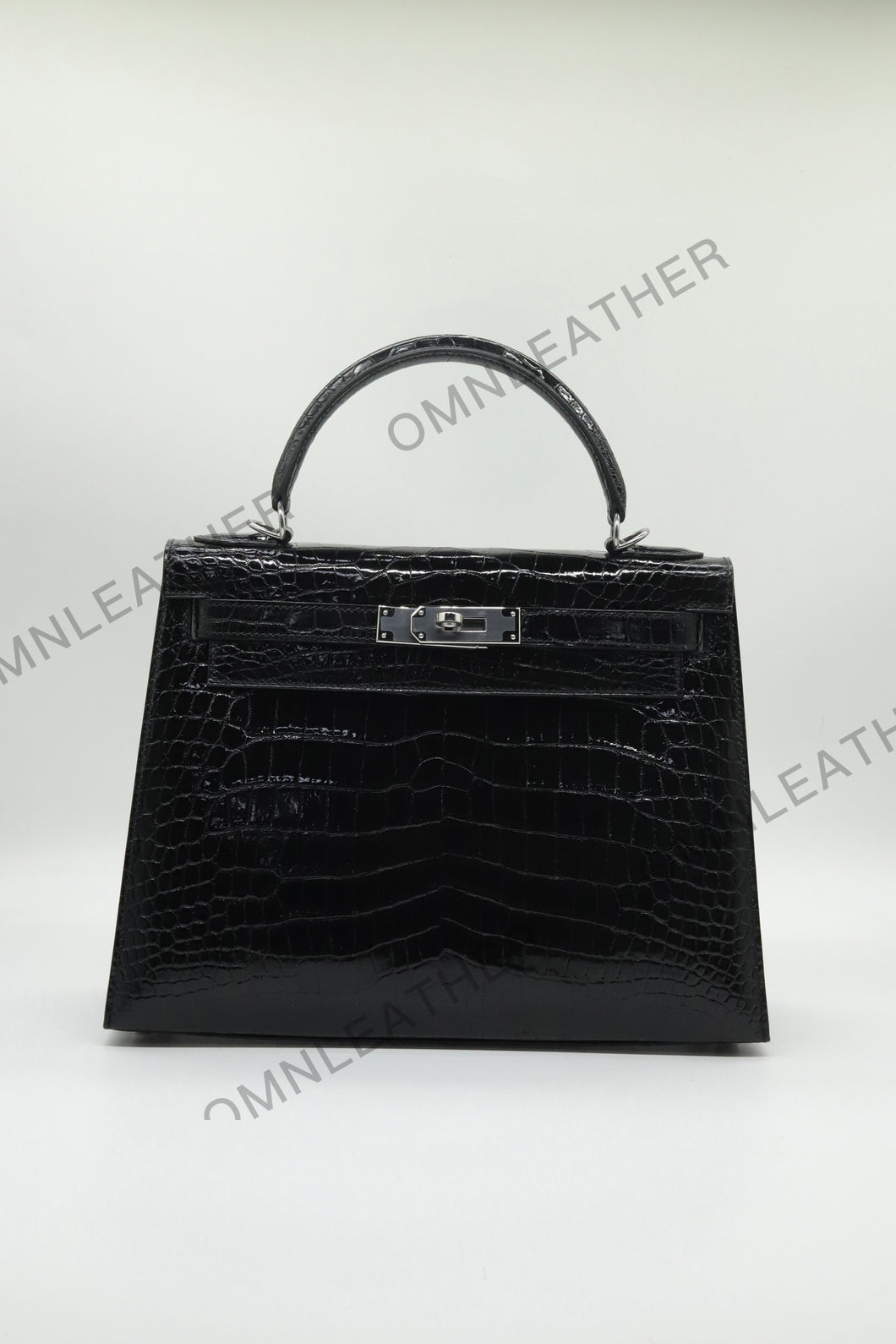 Verona 28 Kelly Style Glossy Saltwater Croc Leather Black Color Silver Hardware