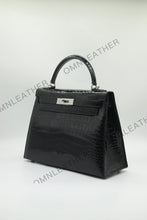 Load image into Gallery viewer, Verona 28 Kelly Style Glossy Saltwater Croc Leather Black Color Silver Hardware

